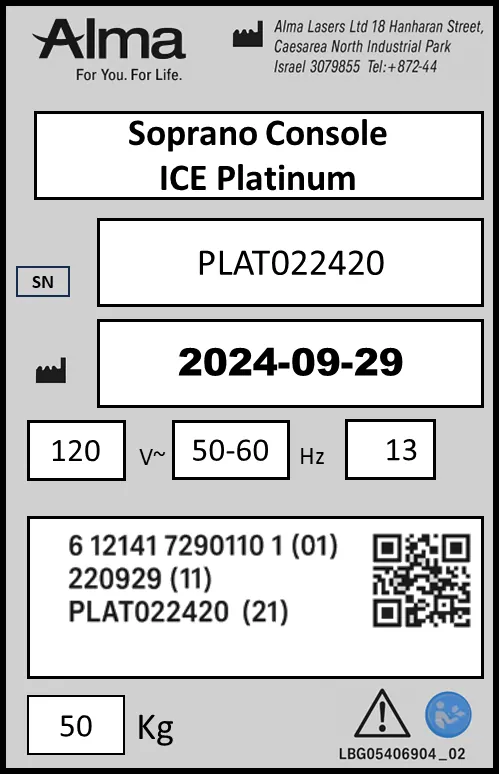 Manufacturer's label from Alma Lasers