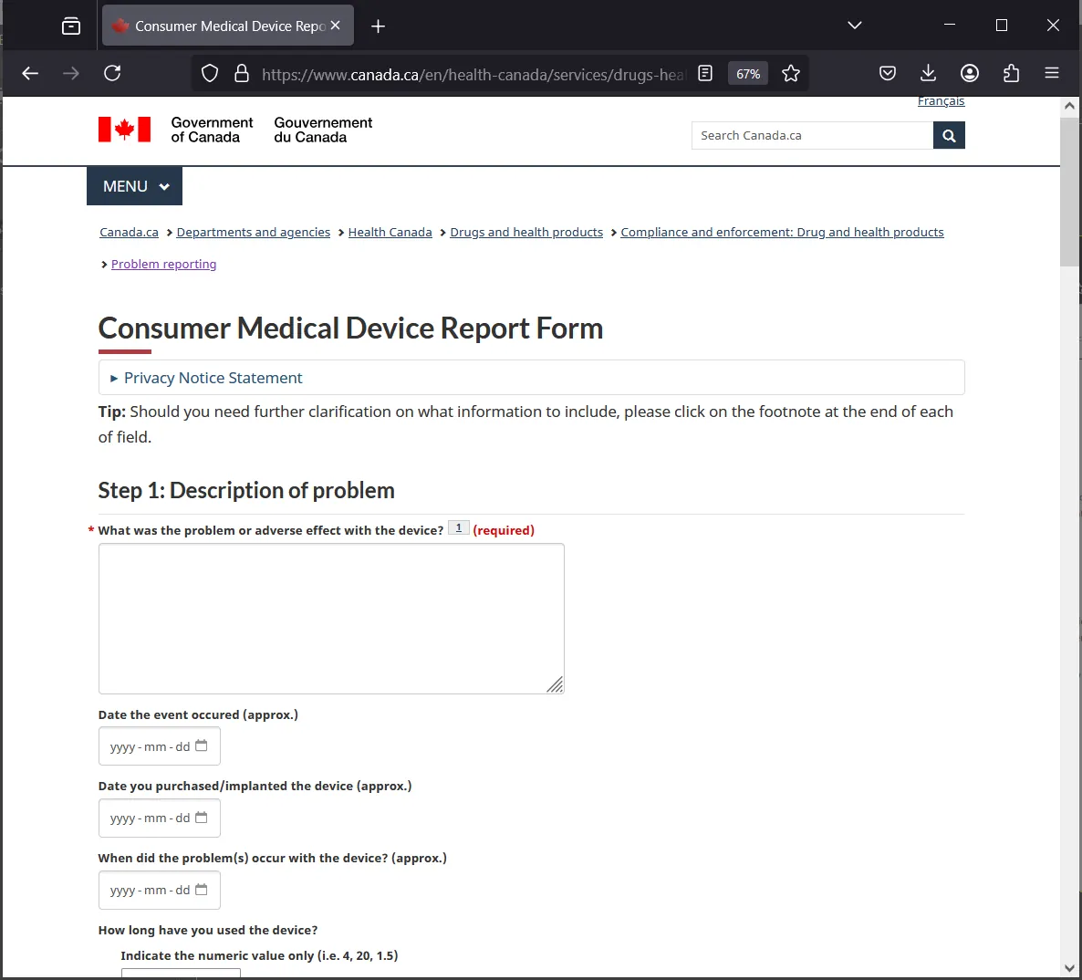 Health Canada's Consumer Medical Device Report Form