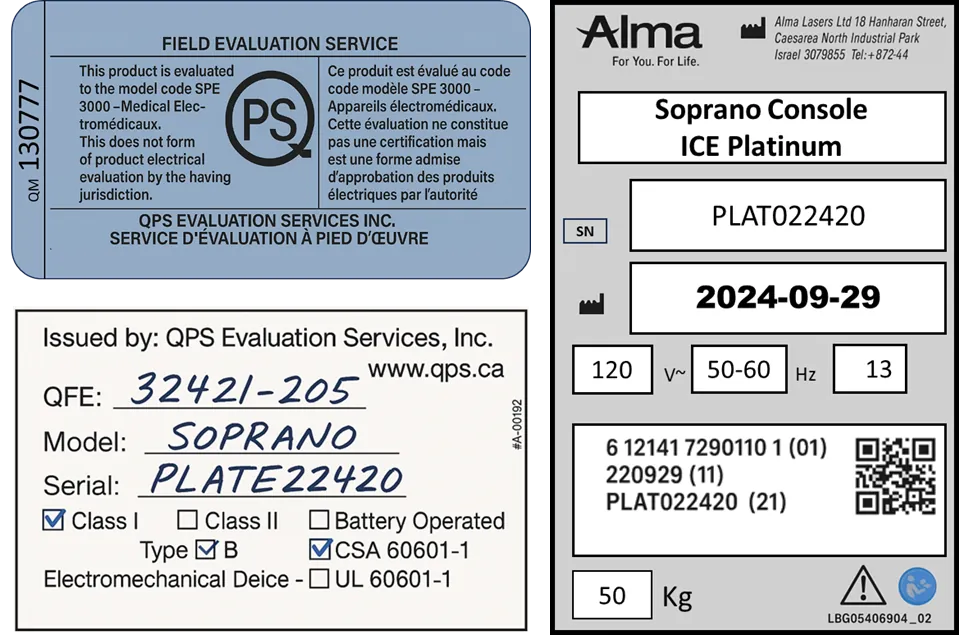 Manufacturer's label from Alma Lasers showing certification details