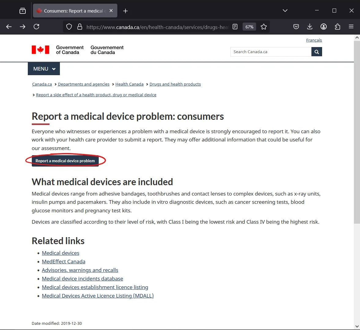 Starting point: Choose Consumer > Medical Devices on Health Canada's website