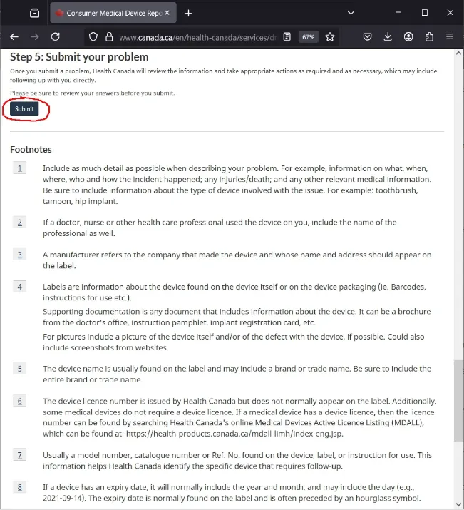 Submit form to report uncertified laser machine to Health Canada - reporting unsafe laser device