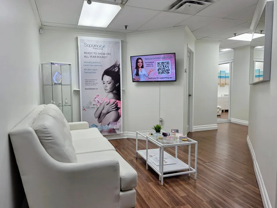 Reception and waiting area at Bonita Laser in Mississauga